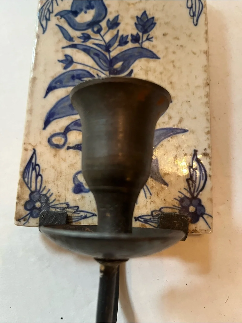 Vintage Blue Floral Ceramic Wall Sconce Candle Holder